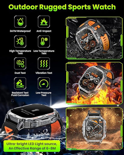 Military Smart Watch for Men Built-in GPS with LED Flashlight Compass, 2.13" AMOLED Tactical Smart Watches with Answer/Make Calls, 3ATM Waterproof Fitness Tracker for iPhone Android (Black)