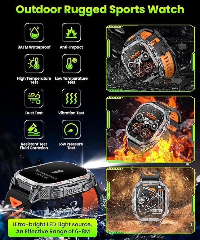 Military Smart Watch for Men Built-in GPS with LED Flashlight Compass, 2.13" AMOLED Tactical Smart Watches with Answer/Make Calls, 3ATM Waterproof Fitness Tracker for iPhone Android (Black)