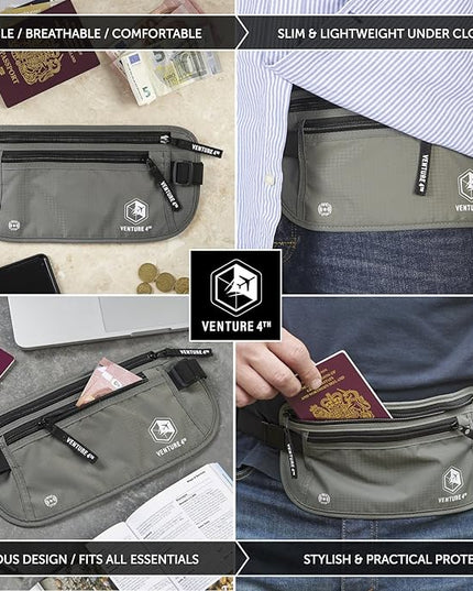 VENTURE 4TH Money Belt for Travel – Hidden Under-Clothes RFID Blocking Passport Holder & Slim Travel Wallet Pouch for Men & Women to Protect Cash, Cards & Documents (Gray)