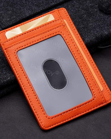 Buffway Slim Minimalist Front Pocket RFID Blocking Leather Wallets for Men and Women - Lichee Orange