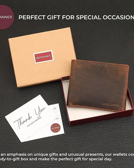 BOTANNER Genuine Leather Bifold Mens Wallet RFID Blocking 5 Credit Card Slots 1 ID Window 2 Sections for Bills 2 Additional Slots | Brown