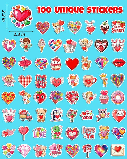 100Pcs Valentines Stickers for Kids, Bulk Heart Stickers for Valentines Day Gifts for Kids Classroom School Exchange, Vinyl Decals, Crafts, Party Favors, Goodie Bags Decorations