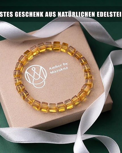 Natural Baltic Amber Bracelet for Women and Men – Stretch Wristband with Polished Cube Beads, Lightweight Unisex Jewelry Gift for Daily and Casual Wear