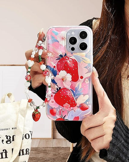 Compatible with iPhone 15 Pro Case, Strawberry Pattern Luxury Magnetic Case[Compatible with MagSafe][with Beads Wrist Strap Bracelet Chain and Glitter Bling Back] for Women and Cute Girly