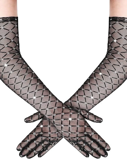 BABEYOND Mesh Gloves for Women - Sheer Gloves Sparkly Long Vintage Evening Stretchy Costumes Accessories for Prom Wedding