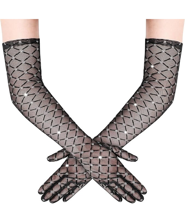 BABEYOND Mesh Gloves for Women - Sheer Gloves Sparkly Long Vintage Evening Stretchy Costumes Accessories for Prom Wedding