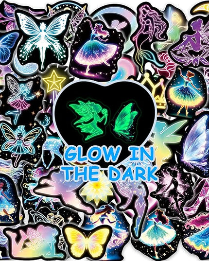Glow in The Dark Neon Princess Water Bottle Stickers for Kids, 50 Pcs Fairy Waterproof Vinyl Laptop Decals, Teens Girls Boys Adults Phone Case Skateboard Luggage Decor