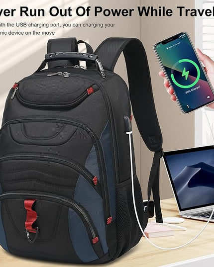 Boavan Laptop Backpack for men, 17.3 inch Laptop Bag with USB Port, Waterproof Travel Work Backpack Purse, Anti-Theft Teacher Nurse Doctor Casual Bookbags Office Business backpack，Black&Classic Navy