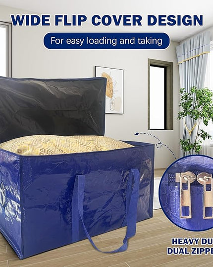 4 Pack Extra Heavy Duty Large Moving Bags with Strong Zipper & Carrying Handles, Sturdy Clothes Storage Bag Totes Bins, Packing Bags Moving Boxes College Moving Supplies, Dark Blue - 33 gal