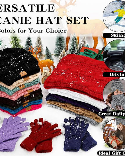 Winter Beanie Hat Scarf Gloves, Warm Fleece Knit Hats Touch Screen Gloves Neck Scarf Set Winter Gifts for Unisex Adult