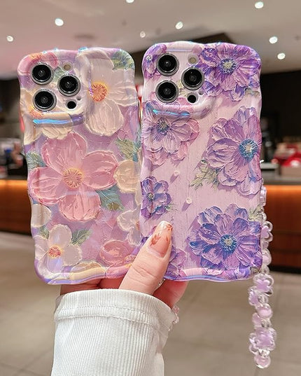 for iPhone 13 Pro Wavy Case, [Curly Protection Frame][Vintage Glossy Oil Painting Floral Print] with Lovely Bead Chain for Grils and Women (Green)