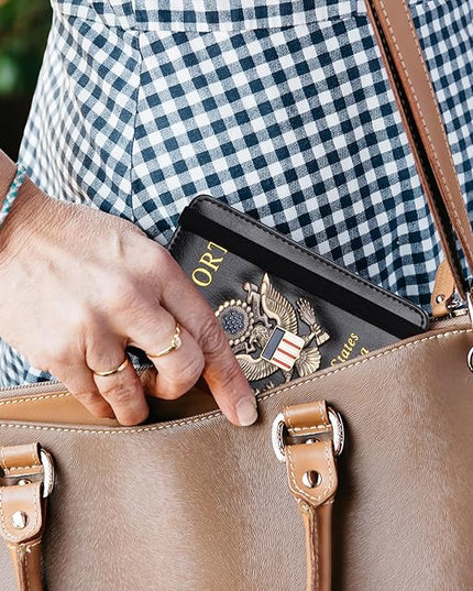 TOURSUIT RFID Blocking Passport Holder for Women Men, Leather Passport Travel Wallet with Metal 3D Metal Badge, Travel Document Holder Cover Accessories (Black)