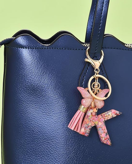 Fashion Alphabet Initial Letter Keychain Tassel Butterfly Pendant Key Ring for Purse Handbags Women Girl