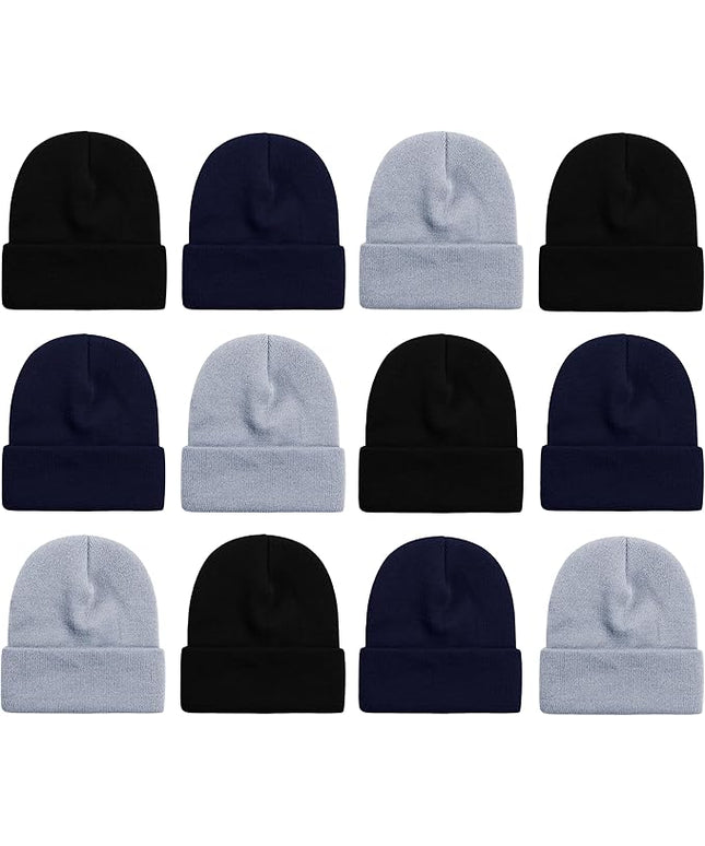 12 Pack Winter Beanie Hats for Men Women, Warm Cozy Knitted Cuffed Skull Cap, Wholesale