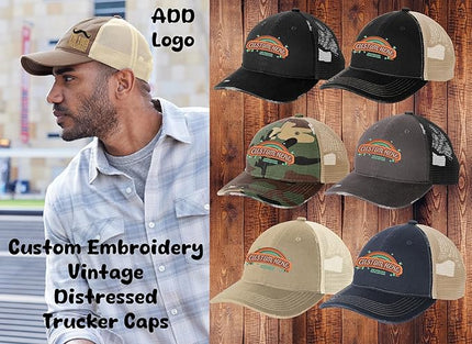 INK STITCH C600 Custom Embroidery Texts Logo Distressed Trucker Caps