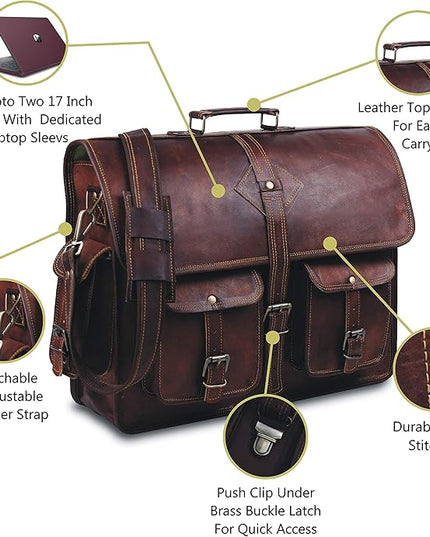 Vintage Leather Laptop Bag for Men Full Grain Large Leather Messenger bag for men 18 inches with rustic look Brown briefcase (Brown)