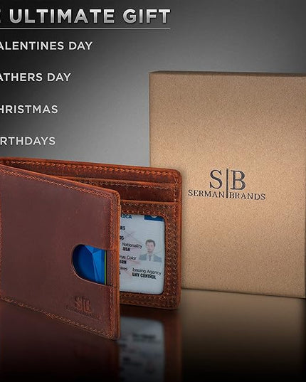 SERMAN BRANDS RFID Blocking Slim Bifold Genuine Leather Thin Minimalist Front Pocket Wallets for Men Billfold Wallet Men Gift