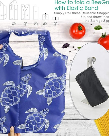 BeeGreen Animal Reusable Shopping Bags Grocery Totes 10 Pack with Zipper Carry Pouch Cute Shopper Bags XLarge Machine Washable Durable Gifts for Animal Lovers Women