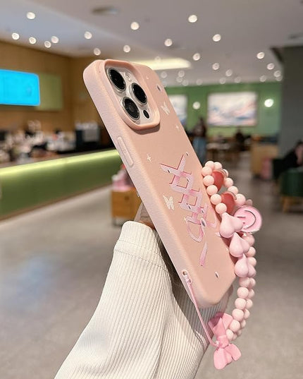 Elegant Lovely Bow Phone Case for iPhone 12 Pro, Stylish Ballet Ribbon Girly Cover with Wrist Strap, Aesthetic Soft Pink Tone, Designed for Women and Girls