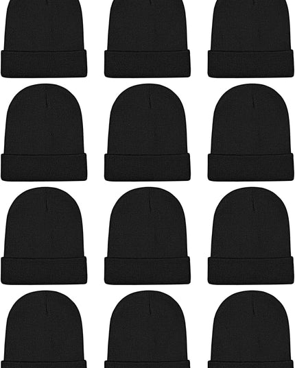 Cooraby 12 Pack Knitted Winter Beanie Cold Weather Acrylic Warm Skull Cap Cuff Watch Hat for Men or Women Homeless Donation
