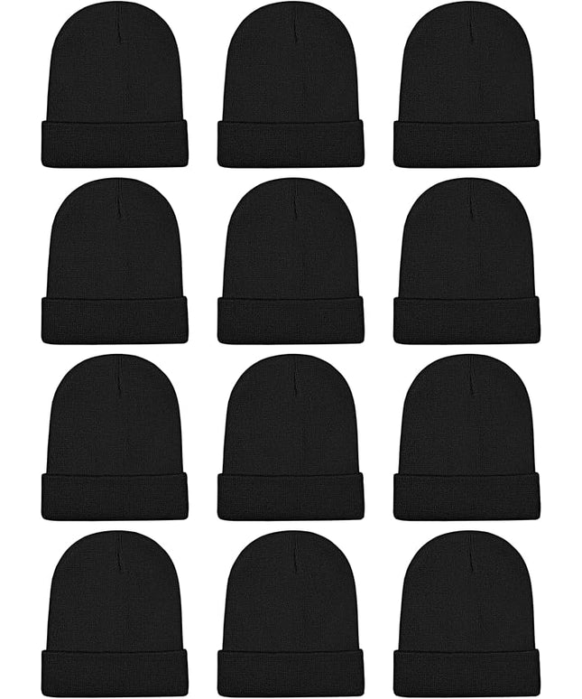 Cooraby 12 Pack Knitted Winter Beanie Cold Weather Acrylic Warm Skull Cap Cuff Watch Hat for Men or Women Homeless Donation