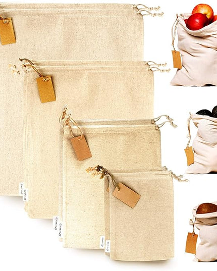LEAFICO Muslin Cloth Bags with Drawstrings - Set of 8 (S, M, L, XL) - Reusable Natural Cotton Bags for Bulk Food Storage - Canvas Fabric Sachets