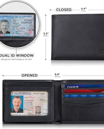 SERMAN BRANDS 2 ID Window Wallet for Men RFID Blocking Leather, Bifold Top Flip, Extra Capacity Travel Wallet