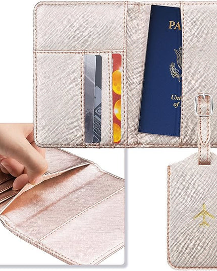 Weewooday 2 Set Mr and Mrs Passport Covers Holder and Luggage Tags Cute Leather Wallets Holder Travel Luggage Tags for Women Men Gift(Purple, Pink)