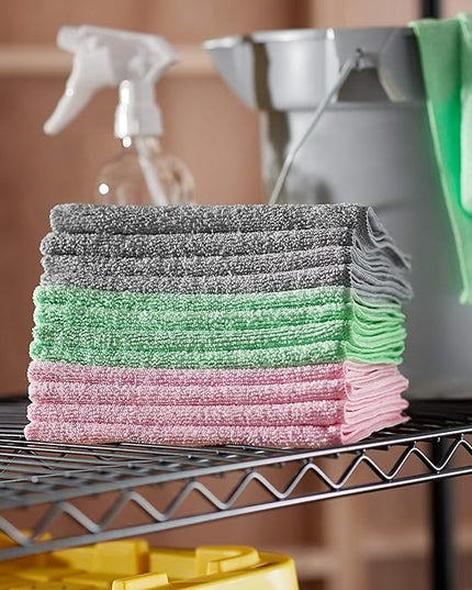 Amazon Basics Microfiber Cleaning Cloths, Ultra-Soft and Highly Absorbent, Streak-Free, Lint-Free, Scratch-Free, Washable, for Car Detailing and Glass Cleaning, 16" x 12", Green/Gray/Pink, 24-Pack