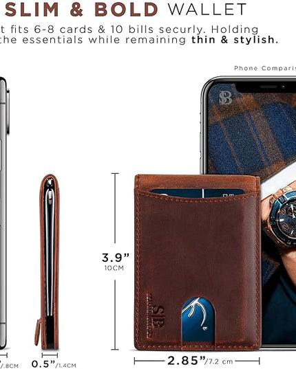 SERMAN BRANDS RFID Blocking Slim Bifold Genuine Leather Minimalist Front Pocket Wallets for Men with Money Clip Thin Mens