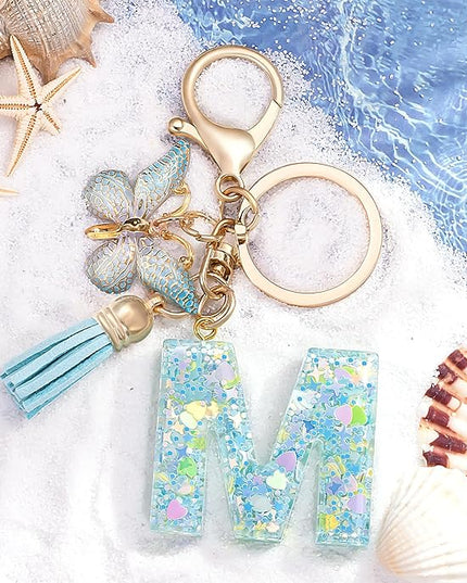 Fashion Alphabet Initial Letter Keychain Tassel Butterfly Pendant Key Ring for Purse Handbags Women Girl