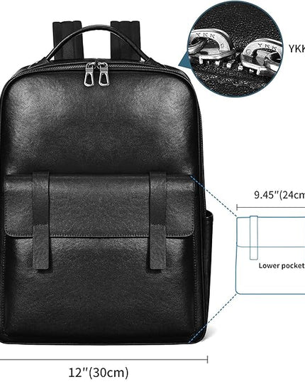 Men's Black Leather Backpack for Work Travel, Durable Genuine Leather Laptop Backpack with 15.6-inch Computer Compartment, Stylish Professional Designer