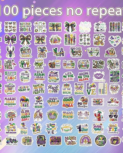 Mardi Gras Stickers for Adults- 100 Pcs Carnival Masquerade Mask Water Bottle Stickers, New Orleans Mardi Gras Waterproof Scrapbook Decals, Vinyl Sticker for Luggage Laptop Journaling