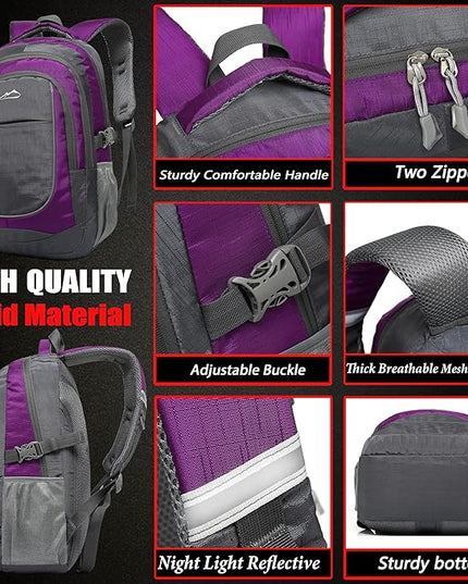 ProEtrade Backpack Bookbag for College Sturdy Travel Business Hiking Fit Laptop Up to 15.6 Inch Multi Compartment Gifts for Men Women Night Light Reflective (Purple A)