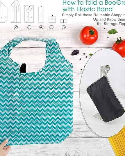 BeeGreen Reusable Grocery Bags Lightweight Durable Shopping Bags Washable Foldable 12 Pack Xlarge Classic Geometric Design Gift Tote Grocery Bags with Elastic Band and Separated Zipper Storage Pouch