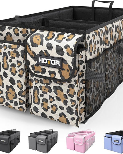 HOTOR Foldable Trunk Organizer - Leopard, SUV & Sedan Fits, 2 Compartments, 21.3"12.6"10.6" Sturdy Car Organization for Tools, Accessories, Sundries