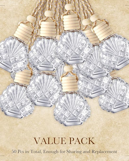 BBTO 50 Pcs Hanging Car Air Freshener Car Diffuser Bottles Empty Glass Perfume Bottle Freshener Diffuser Bottle Pendant for Essential Oil Fragrance Aromatherapy Bottle Ornament(Shell)