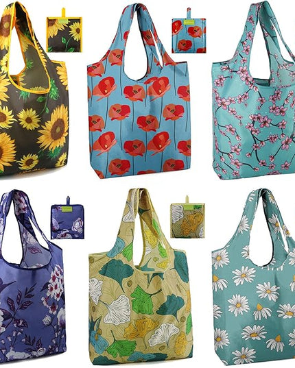 BeeGreen 6 Pack Bulk Foldable Packable Tote Bags for Women - Reusable Grocery Bags Shopping Bag with Pouch, Large Machine Washable Gifts with Handles for Travel,Beach,Holiday