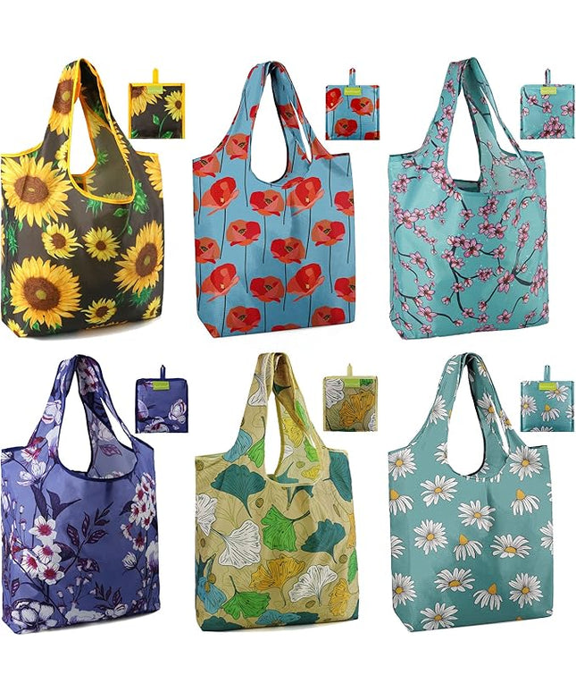 BeeGreen 6 Pack Bulk Foldable Packable Tote Bags for Women - Reusable Grocery Bags Shopping Bag with Pouch, Large Machine Washable Gifts with Handles for Travel,Beach,Holiday