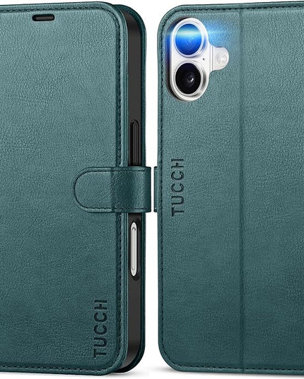 TUCCH Wallet Case for iPhone 16, Magnetic PU Leather Kickstand Flip Cover with 4 Card Slot Shockproof TPU Interior Shell, [RFID Blocking] Folio Case Compatible with iPhone 16 5G 2024, Teal Blue
