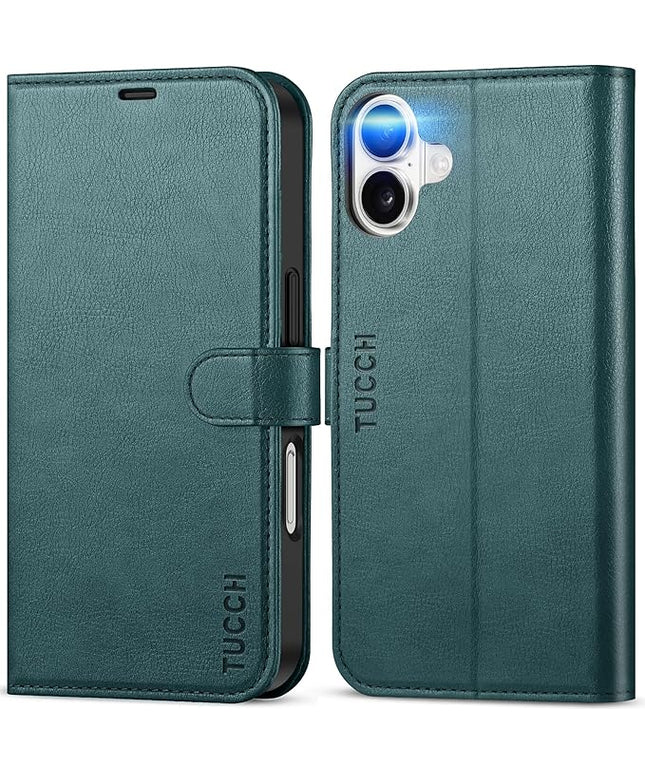 TUCCH Wallet Case for iPhone 16, Magnetic PU Leather Kickstand Flip Cover with 4 Card Slot Shockproof TPU Interior Shell, [RFID Blocking] Folio Case Compatible with iPhone 16 5G 2024, Teal Blue