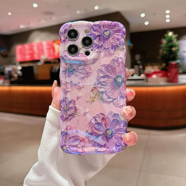 for iPhone 15 Pro Wavy Case, [Curly Protection Frame][Vintage Glossy Oil Painting Floral Print] with Lovely Bead Chain for Grils and Women (Purple)