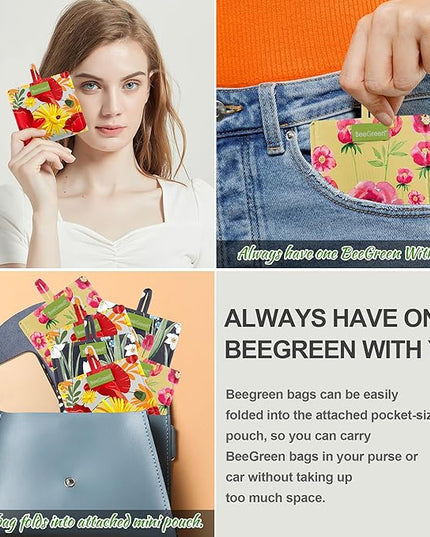 BeeGreen Flowers Reusable Grocery Bags Reusable Kitchen Bags Bulk Foldable-Machine Washable with Zipper Storage Pouch 6 Packs