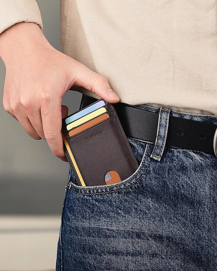 Buffway Slim Minimalist Front Pocket RFID Blocking Leather Wallets for Men and Women - Pebble Brown