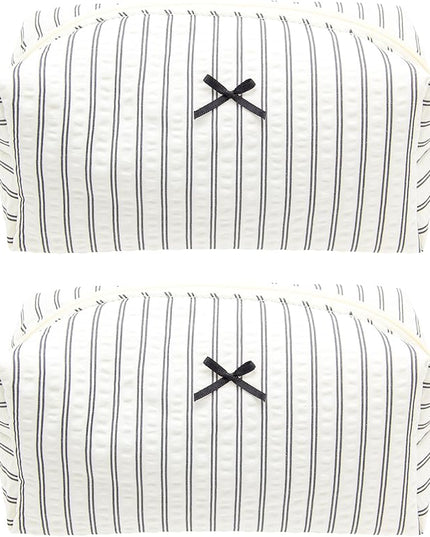 PAZIMIIK 2PCS Cozy Makeup Bag Small Aesthetic Travel Zipper Cosmetic Pouch for Women Make Up Beauty Accessories Brushes, Stripe Black
