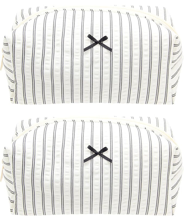 PAZIMIIK 2PCS Cozy Makeup Bag Small Aesthetic Travel Zipper Cosmetic Pouch for Women Make Up Beauty Accessories Brushes, Stripe Black