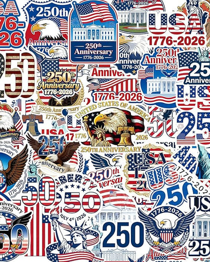 50Pcs 250th Anniversary Sticker USA 250 Years of Freedom Anniversary Waterproof Vinyl Decals for Laptop,Water Bottle, Phone, Luggage,Car