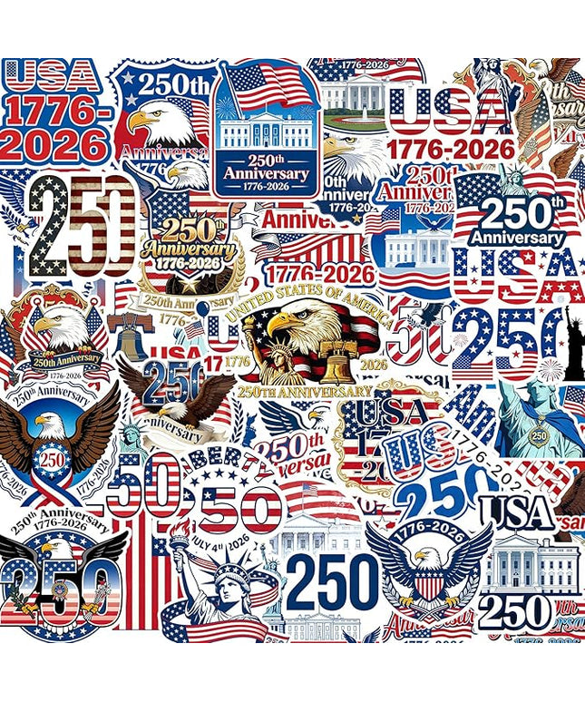 50Pcs 250th Anniversary Sticker USA 250 Years of Freedom Anniversary Waterproof Vinyl Decals for Laptop,Water Bottle, Phone, Luggage,Car