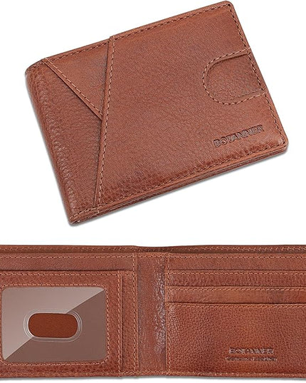 BOTANNER Genuine Leather Mens Bifold Wallet RFID Blocking 7 Credit Card Slots 1 ID Window 1 Section for Bills 2 Additional Slots | Tan