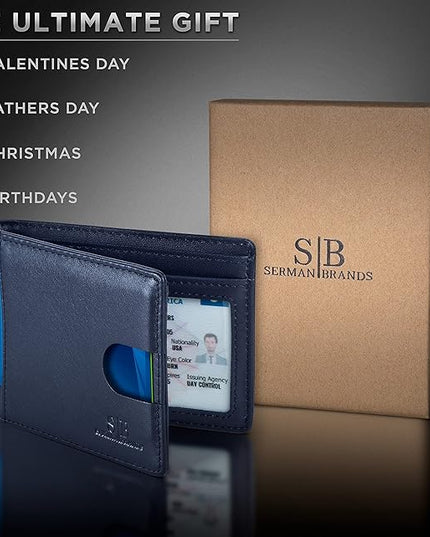 SERMAN BRANDS RFID Blocking Slim Bifold Genuine Leather Thin Minimalist Front Pocket Wallets for Men Billfold Wallet Men Gift